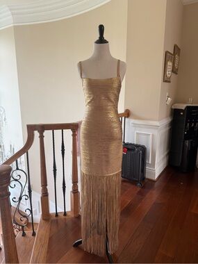 Herve Leger Metallic Gold Fringe Maxi Dress